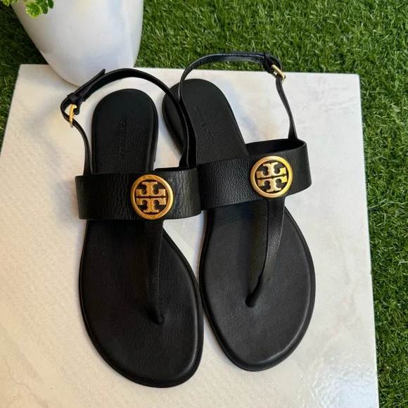 TORY BURCH BENTON 2 FLAT THONG
SANDAL black Calf Leather Sz 9.5 women Gold Logo - Picture 5 of 9